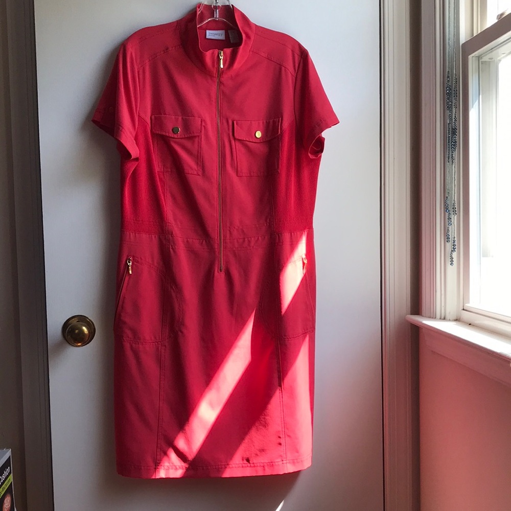 Chico’s Coral Shirt Dress Zip Front Utility Dress Easy care size 1.5 /M/10 Midi - Picture 4 of 11